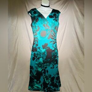Connected Apparel Teal and Black Floral Midi Dress